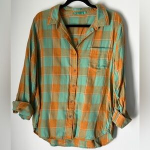 prAna Organic Cotton Plaid Flannel Shirt Teal Orange Button Down Size L